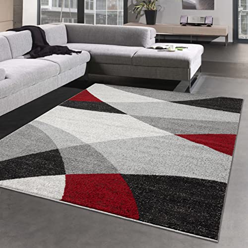 Modern Abstrakter Wellen-Karo Designerteppich | langlebig | in rot anthrazit Größe 140x200 cm von CARPETIA