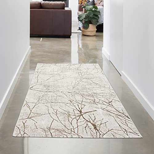 Moderner Schlafzimmer Designerteppich mit glänzenden Ästen abstrakt Creme, 80 x 150 cm von CARPETIA