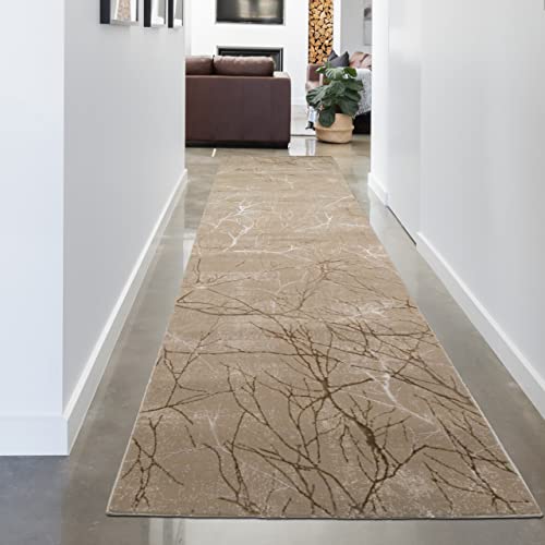 CARPETIA Moderner Schlafzimmer Designerteppich mit glänzenden Ästen abstrakt beige braun, 80 x 300 cm von CARPETIA