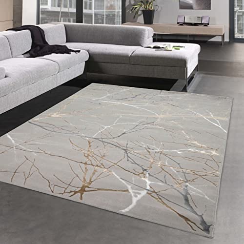 CARPETIA Moderner Schlafzimmer Designerteppich mit glänzenden Ästen abstrakt grau Gold, 200 x 290 cm von CARPETIA