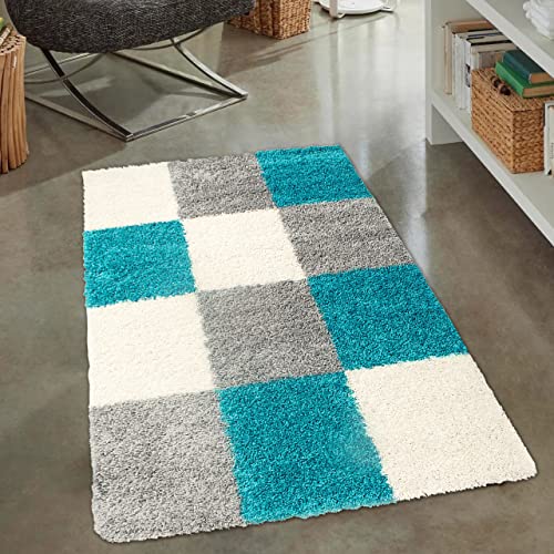 CARPETIA Moderner Shaggy Teppich mit Karodesign türkis grau Creme, 80 x 150 cm von CARPETIA