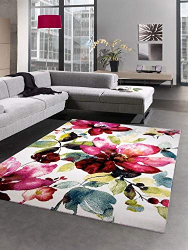 CARPETIA Moderner Teppich Kurzflor Wohnzimmerteppich Blumen Blüten bunt rot grün türkis Größe 120x170 cm von CARPETIA