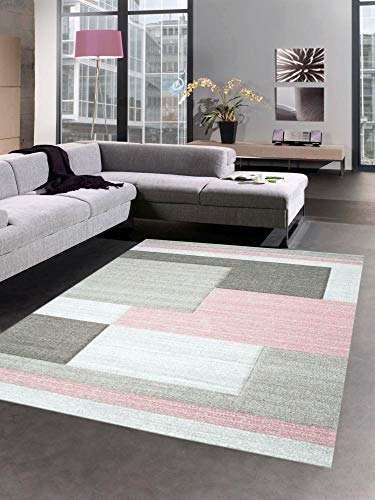 CARPETIA Moderner Teppich Kurzflor Wohnzimmerteppich Konturenschnitt Karo abstrakt Pastell rosa grau Taupe Größe 60x110 cm von CARPETIA