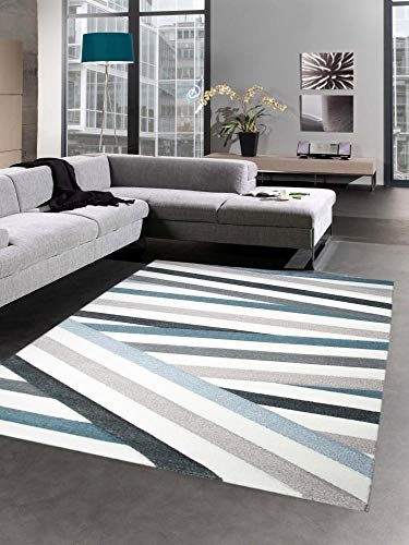 CARPETIA Moderner Teppich Kurzflor Wohnzimmerteppich Konturenschnitt Streifen Pastell blau braun Creme Größe 80 x 300 cm von CARPETIA