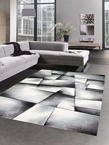 CARPETIA Moderner Teppich Kurzflor Wohnzimmerteppich Konturenschnitt karo abstrakt grau schwarz Weiss Größe 120x170 cm von CARPETIA