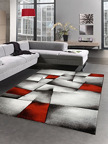 CARPETIA Moderner Teppich Kurzflor Wohnzimmerteppich Konturenschnitt karo abstrakt grau schwarz Weiss rot Größe 80 x 300 cm von CARPETIA