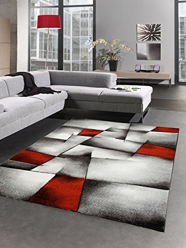 CARPETIA Moderner Teppich Kurzflor Wohnzimmerteppich Konturenschnitt karo abstrakt grau schwarz Weiss rot Größe 80x150 cm von CARPETIA