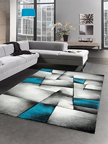 CARPETIA Moderner Teppich Kurzflor Wohnzimmerteppich Konturenschnitt karo abstrakt grau schwarz Weiss türkis Größe 80 x 300 cm von CARPETIA