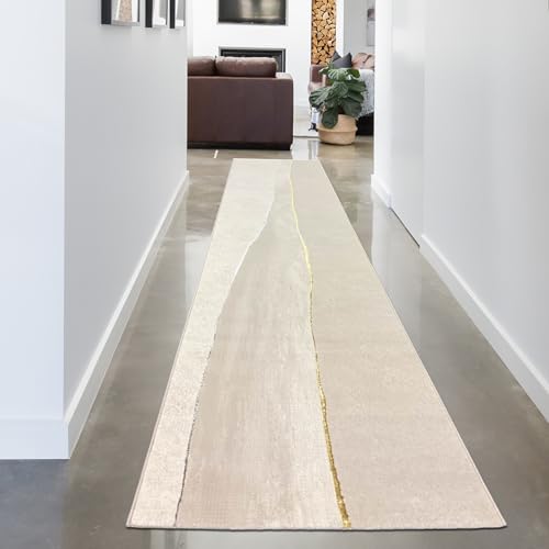 CARPETIA Moderner Teppich Läufer Flur Diele Kurzflor Diele hochwertig Gold Silber Glanzeffekt Grundfarbe beige Creme lang 80 x 300 cm von CARPETIA