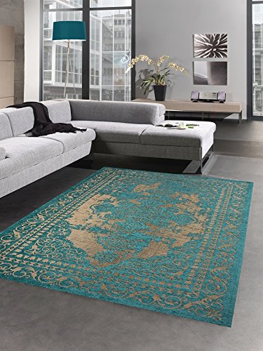 CARPETIA Moderner Teppich Wohnzimmerteppich Kelim Orient türkis Gold Größe 80 x 250 cm von CARPETIA