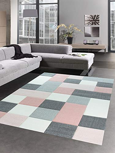 CARPETIA Moderner Teppich Wohnzimmerteppich Kurzflor Karo Pastell rosa Creme grau Größe 200 x 290 cm von CARPETIA