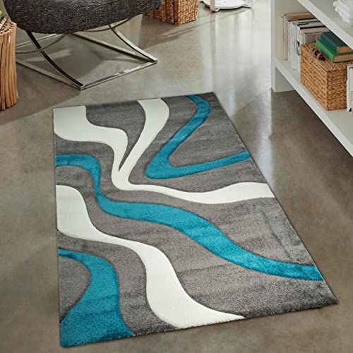 CARPETIA Moderner Teppich mit Wellenoptik für das Wohnzimmer | in türkis weiß & grau, 60 x 110 cm von CARPETIA
