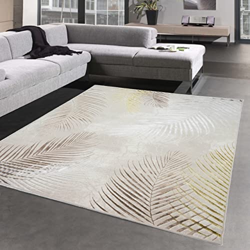 Moderner Wohnzimmer Designerteppich mit Palmenzweigen | pflegeleicht | Creme Gold, 120 x 170 cm Moderner Wohnzimmer Designerteppich mit Palmenzweigen | pflegeleicht | Creme Gold, 120 x 170 cm von CARPETIA