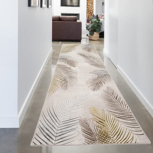 CARPETIA Moderner Wohnzimmer Designerteppich mit Palmenzweigen | pflegeleicht | Creme Gold, 80 x 300 cm von CARPETIA