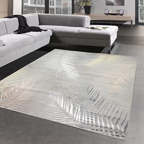 CARPETIA Moderner Wohnzimmer Designerteppich mit Palmenzweigen | pflegeleicht | grau Gold, 160 x 230 cm von CARPETIA