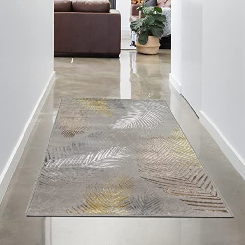 CARPETIA Moderner Wohnzimmer Designerteppich mit Palmenzweigen | pflegeleicht | grau Gold, 60x110 cm von CARPETIA