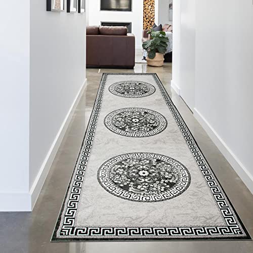 CARPETIA Orientalischer Teppich BRÜCKENLÄUFER mit Bordüre & Glitzergarn | Oeko-TEX | Creme grau 80 x 300 cm von CARPETIA