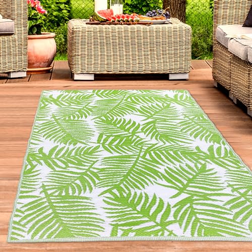 CARPETIA Outdoor Teppich Außenteppich wetterfest Kunststoff Garten Terrasse Balkon Camping Tropisches Palmen-Design grün-weiß 150 x 220 cm von CARPETIA