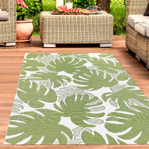 CARPETIA Outdoor Teppich modern wetterfest leicht wendbar Kunststoff-Teppich Camping Balkon Garten Terrasse Palmenblätter grün/weiß 180 x 280 cm von CARPETIA