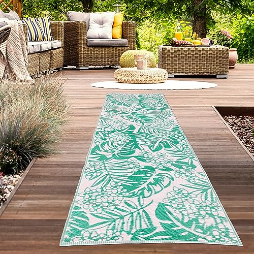 CARPETIA Outdoor Teppich wetterfest Kunststoff recycelbar Picknick Camping Strand Balkonteppich Läufer lang wendbar Polypropylen Blätter Petrol 90 x 300 cm CARPETIA Outdoor Teppich wetterfest Kunststoff recycelbar Picknick Camping Strand Balkonteppich Läufer lang wendbar Polypropylen Blätter Petrol 90 x 300 cm von CARPETIA