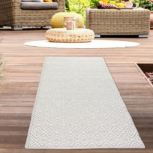 CARPETIA Outdoorteppich wetterfest wasserabweisend Plastik Vorzelt Camping Garten Balkon Terrassen Teppich Läufer kleine Rauten hellgrau 90 x 150 cm von CARPETIA