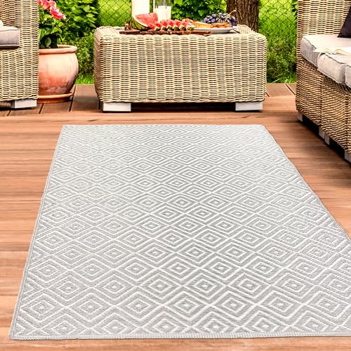 CARPETIA Outdoorteppich wetterfest wasserabweisend Plastik Vorzelt Camping Garten Balkon Terrassen Teppich kleine Rauten hellgrau groß 240 x 340 cm von CARPETIA