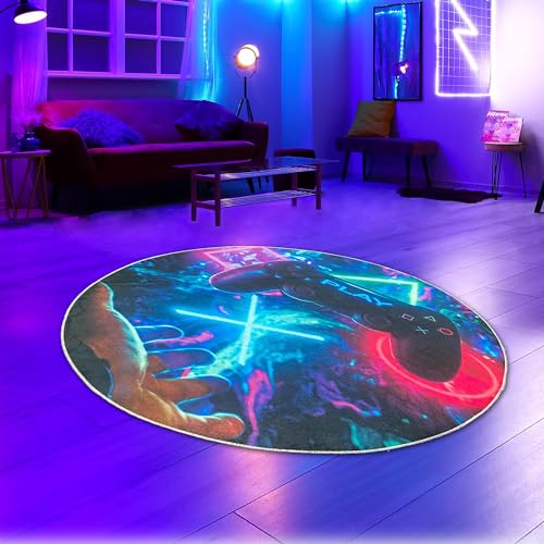 CARPETIA Runder Gaming-Teppich Gamer auffällig lebendig-Bunte neon-farbige Symbole schwebender Controller 120 cm Rund von CARPETIA