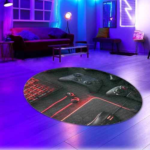 CARPETIA Runder Gaming-Teppich Schwarzes Design Leuchtend rote Akzente - Gaming Setup - 200 cm Rund von CARPETIA