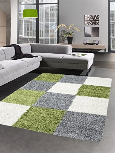 CARPETIA Shaggy Teppich Hochflor Langflor Bettvorleger Wohnzimmer Teppich Läufer Karo grün grau Creme Größe 60x110 cm von CARPETIA