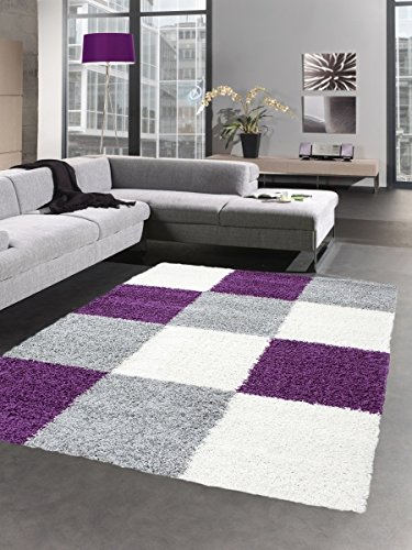 CARPETIA Shaggy Teppich Hochflor Langflor Bettvorleger Wohnzimmer Teppich Läufer Karo lila grau Creme Größe 120x170 cm von CARPETIA