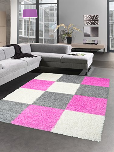 CARPETIA Shaggy Teppich Hochflor Langflor Bettvorleger Wohnzimmer Teppich Läufer Karo pink rosa grau Creme Größe 140x200 cm von CARPETIA