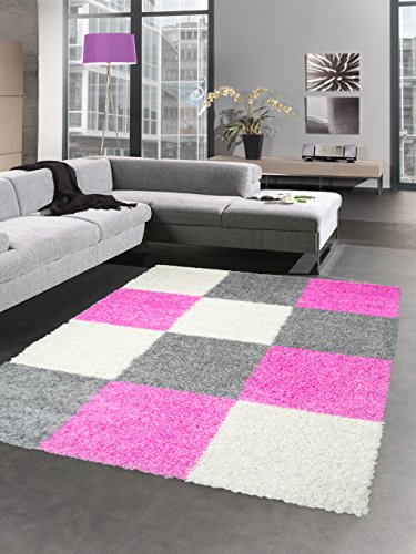 CARPETIA Shaggy Teppich Hochflor Langflor Bettvorleger Wohnzimmer Teppich Läufer Karo pink rosa grau Creme Größe 160x230 cm von CARPETIA