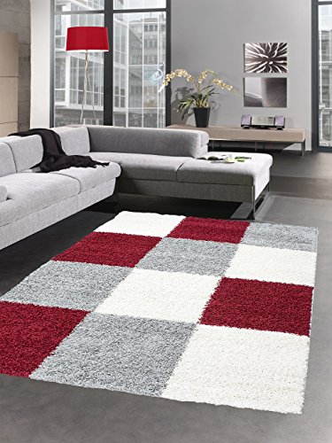 CARPETIA Shaggy Teppich Hochflor Langflor Bettvorleger Wohnzimmer Teppich Läufer Karo rot grau Creme Größe 160x230 cm von CARPETIA