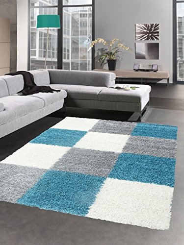 CARPETIA Shaggy Teppich Hochflor Langflor Bettvorleger Wohnzimmer Teppich Läufer Karo türkis grau Creme Größe 120x170 cm von CARPETIA