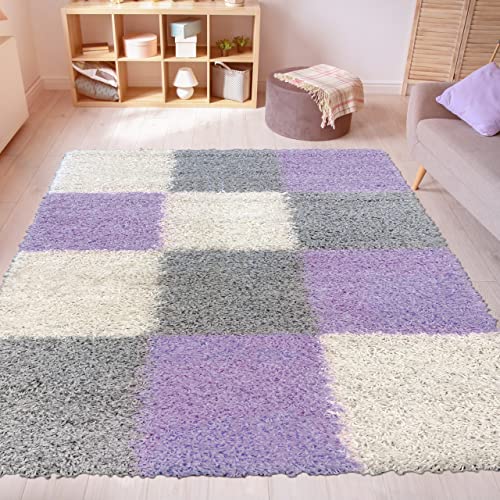 CARPETIA Shaggy Teppich Hochflor mit Karo Muster Flieder 140x200cm von CARPETIA