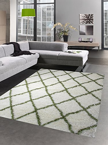 CARPETIA Shaggy Teppich Wohnzimmerteppich Hochflor Langflor Rauten Creme grün Größe 160x230 cm von CARPETIA