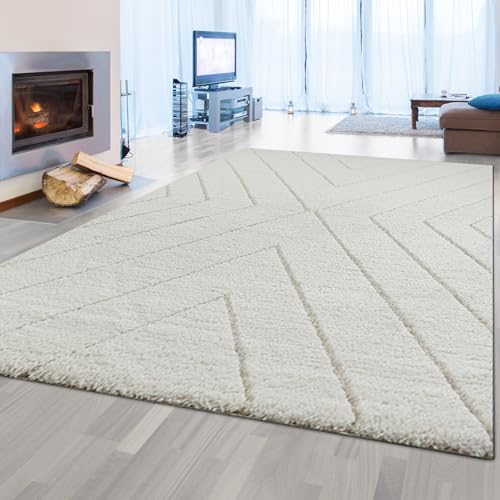 CARPETIA Skandinavisch Wohnzimmerteppich Hochflor Rautenmuster weiß Creme-beige, 140 x 200 cm von CARPETIA