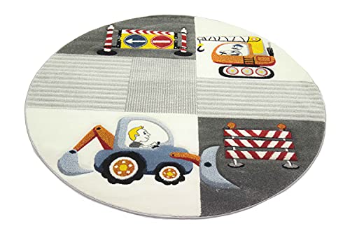 CARPETIA Spiel Teppich Kinderzimmer Baustelle Straßenschilder Bagger Kran Creme grau gelb Größe 120 cm Rund von CARPETIA