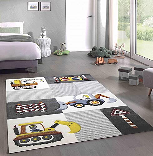 CARPETIA Spiel Teppich Kinderzimmer Baustelle Straßenschilder Bagger Kran Creme grau gelb Größe 120x170 cm von CARPETIA