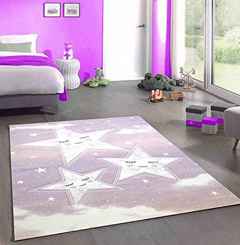 CARPETIA Spiel Teppich Kinderzimmer Sterne Himmel Wolken Design rosa Creme Größe 160x230 cm von CARPETIA