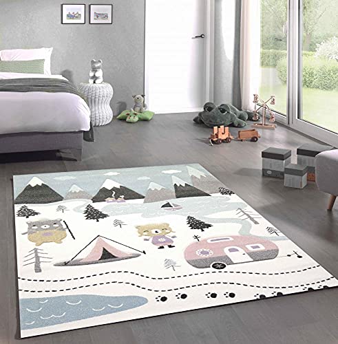 CARPETIA Spielteppich Kinderzimmer Teppich Camping Zelt Bären Berge Wohnwagen Tannen Fluss Creme pink grau Größe 120x170 cm von CARPETIA