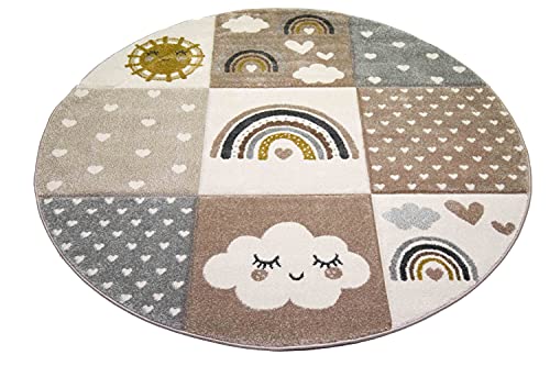 CARPETIA Spielteppich Kinderzimmer Teppich Herzchen Wolken Regenbogen Punkte grau beige braun Größe 120 cm Rund von CARPETIA