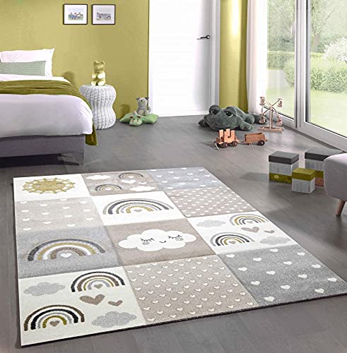 CARPETIA Spielteppich Kinderzimmer Teppich Herzchen Wolken Regenbogen Punkte grau beige braun Größe 120x170 cm von CARPETIA