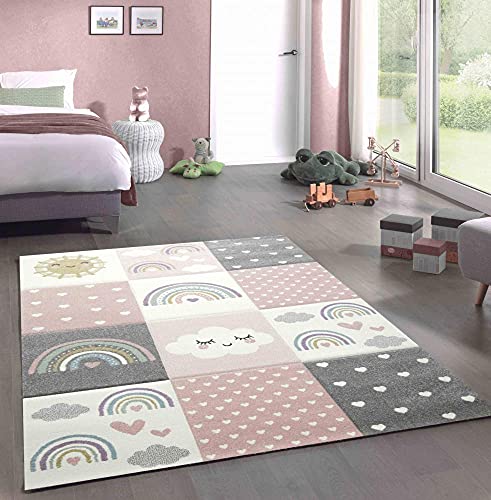 CARPETIA Spielteppich Kinderzimmer Teppich Herzchen Wolken Regenbogen Punkte rosa Creme grau Größe 160x230 cm von CARPETIA