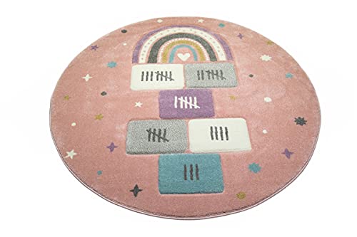 CARPETIA Spielteppich Kinderzimmer Teppich Hüpfspiel Himmel & Hölle Regenbogen Herz Sterne rosa grün Creme Größe 160 cm Rund von CARPETIA