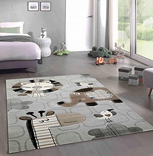 CARPETIA Spielteppich Kinderzimmer Teppich afrikanische Tiere Giraffe Löwe Elefant Vögel Creme grau braun Größe 120x170 cm von CARPETIA