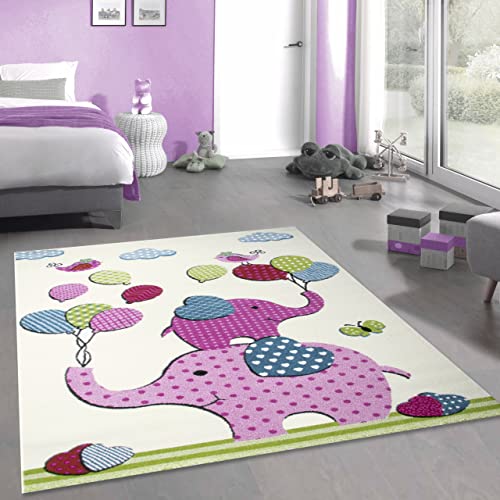 CARPETIA Süßer Kinder-Teppich mit Elefanten & Luftballons | in Creme rosa, 120 x 170 cm von CARPETIA