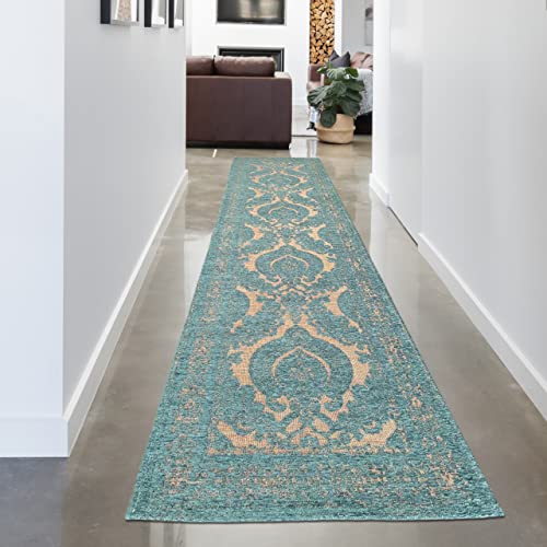 CARPETIA Teppich Brückenläufer Flur Gang orientalisches Muster Ornamente pflegeleicht Schmutzabweisend | Petrol Gold, 80 x 300 cm von CARPETIA