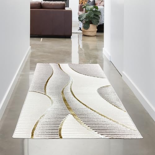 CARPETIA Teppich Flur Läufer Wohnzimmer Schlafzimmer Kurzflor geschwungene Linien modern luxuriös elegant Glanzeffekt Creme Gold 80 x 150 cm CARPETIA Teppich Flur Läufer Wohnzimmer Schlafzimmer Kurzflor geschwungene Linien modern luxuriös elegant Glanzeffekt Creme Gold 80 x 150 cm von CARPETIA