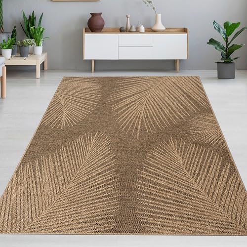 CARPETIA Teppich Gästezimmer Wohnzimmer Schlafzimmerteppich In- & Outdoorteppich wetterfest in zeitlosem Blättermuster in Beige Braun 140 x 200 cm von CARPETIA